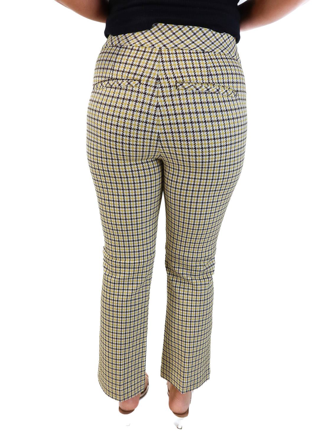 Spanx yellow/brown houndstooth flare trouser (M; retail $138)