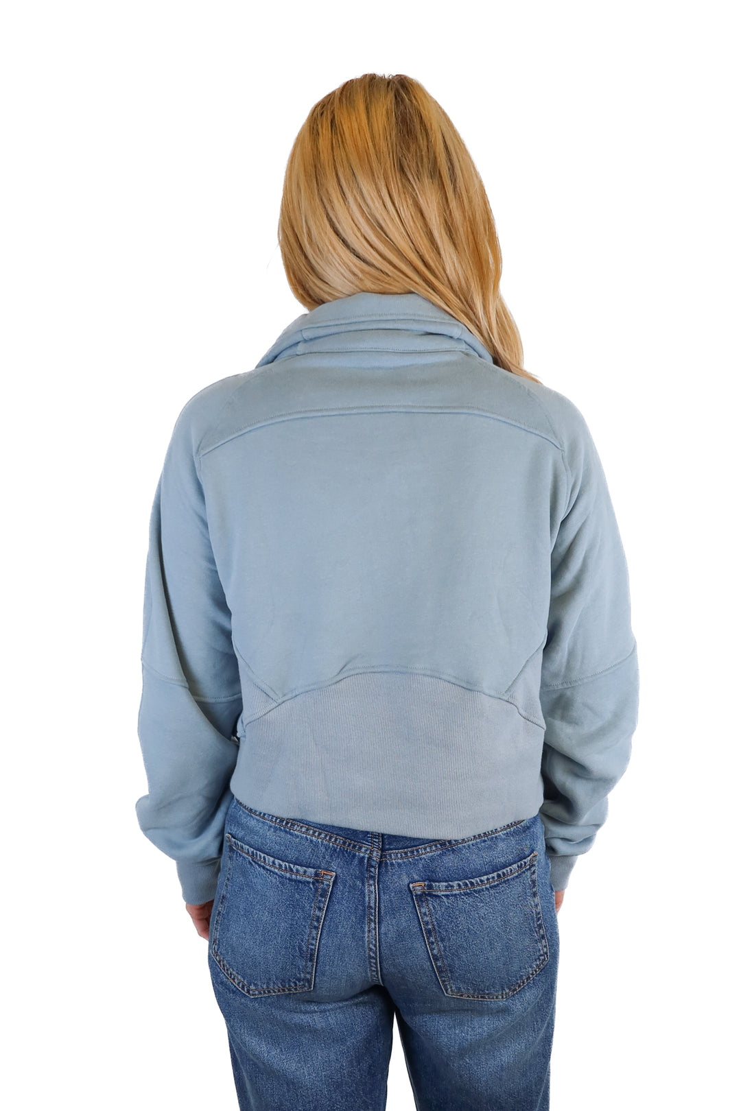 acta blue cropped quarter zip sweatshirt (s/m; retail $65)
