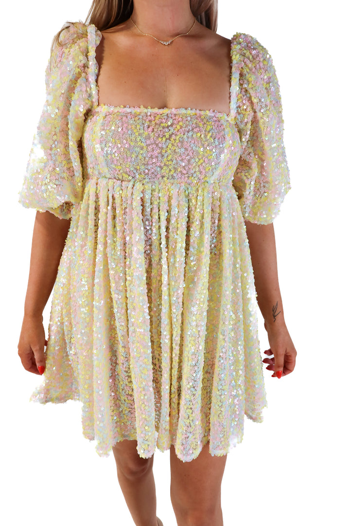 Selkie “the rainbow sequin puff dress” NWT (m; retail $345)