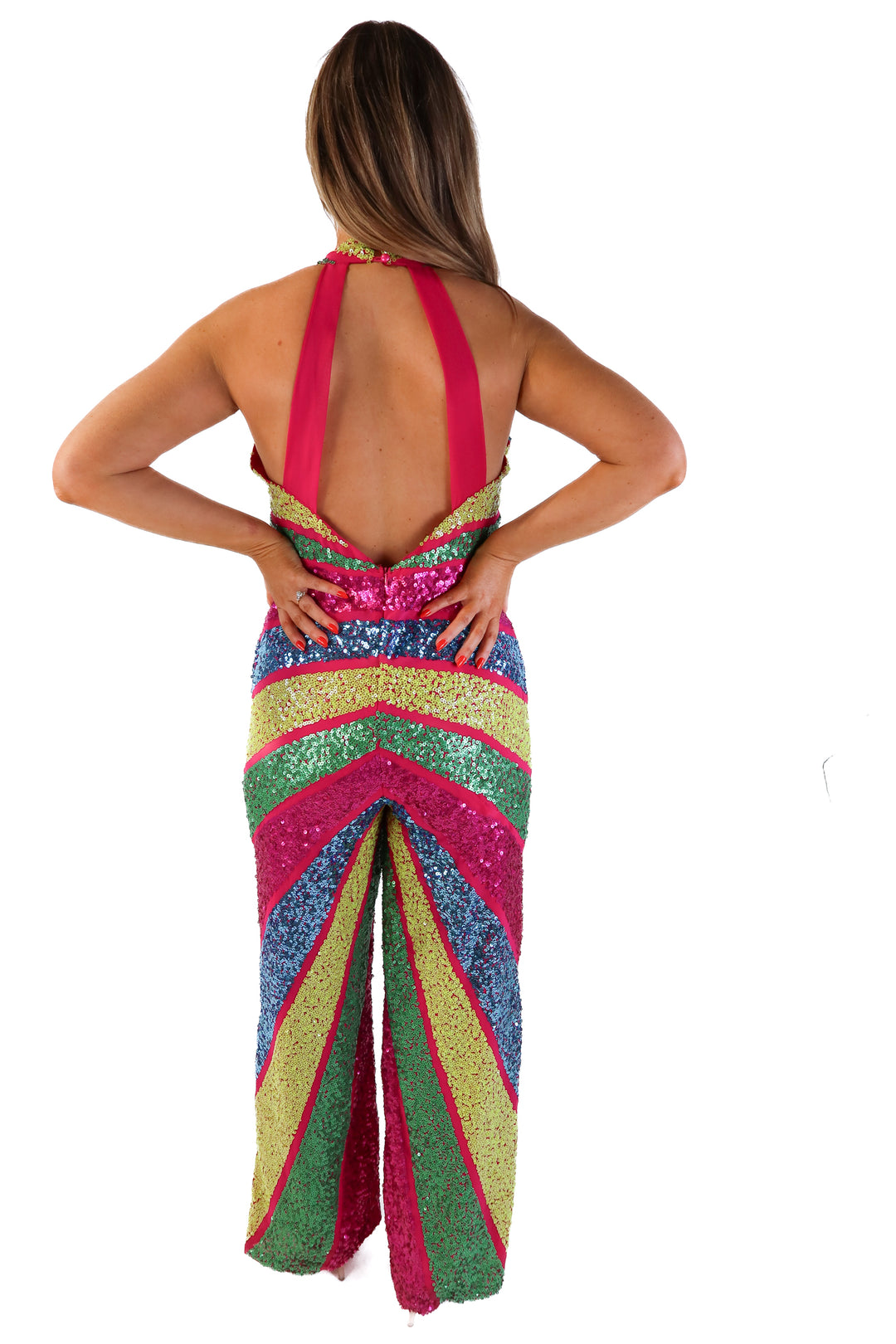Nasty gal pink chevron sequin jumpsuit (8; retail $133)