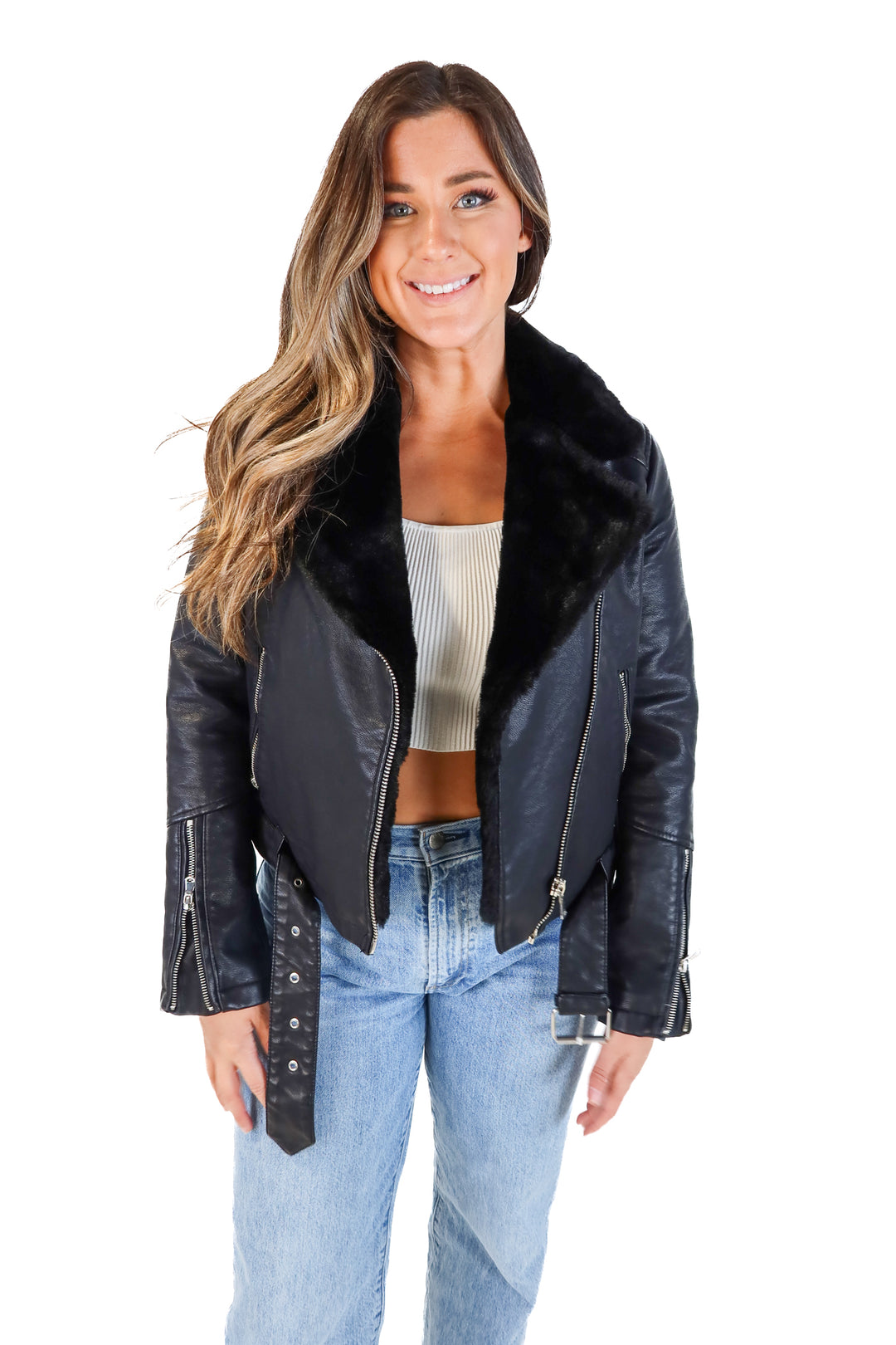 Forever21 black leather jacket with fur lining NWT (M; retails for $49.90)