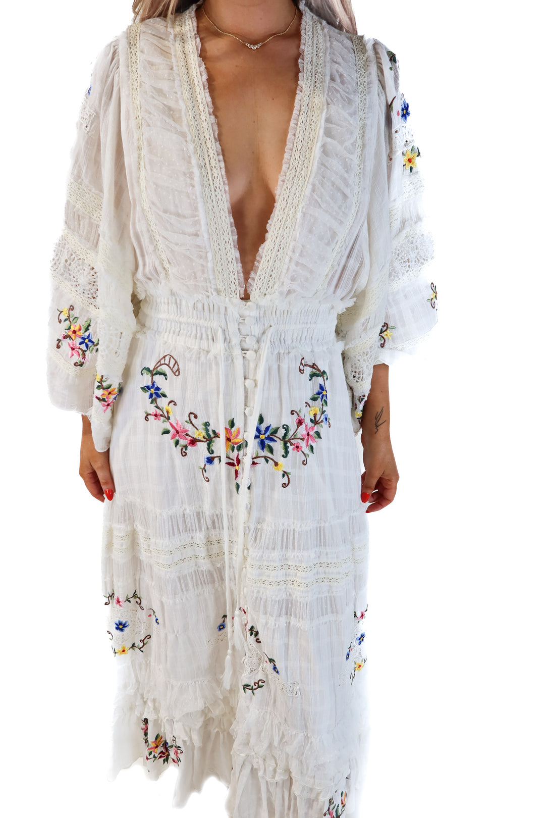 Fillyboo white crotchet floral maxi dress (s; retails for $875)