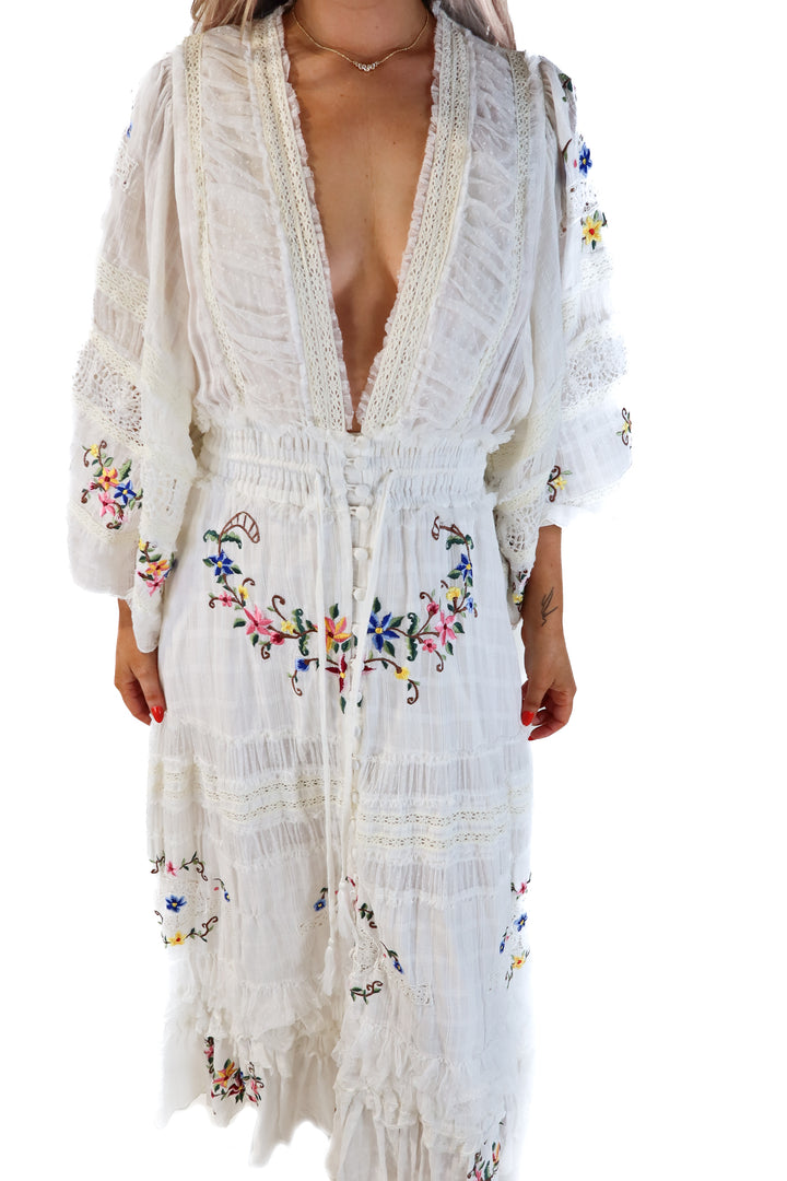 Fillyboo white crotchet floral maxi dress (s; retails for $875)