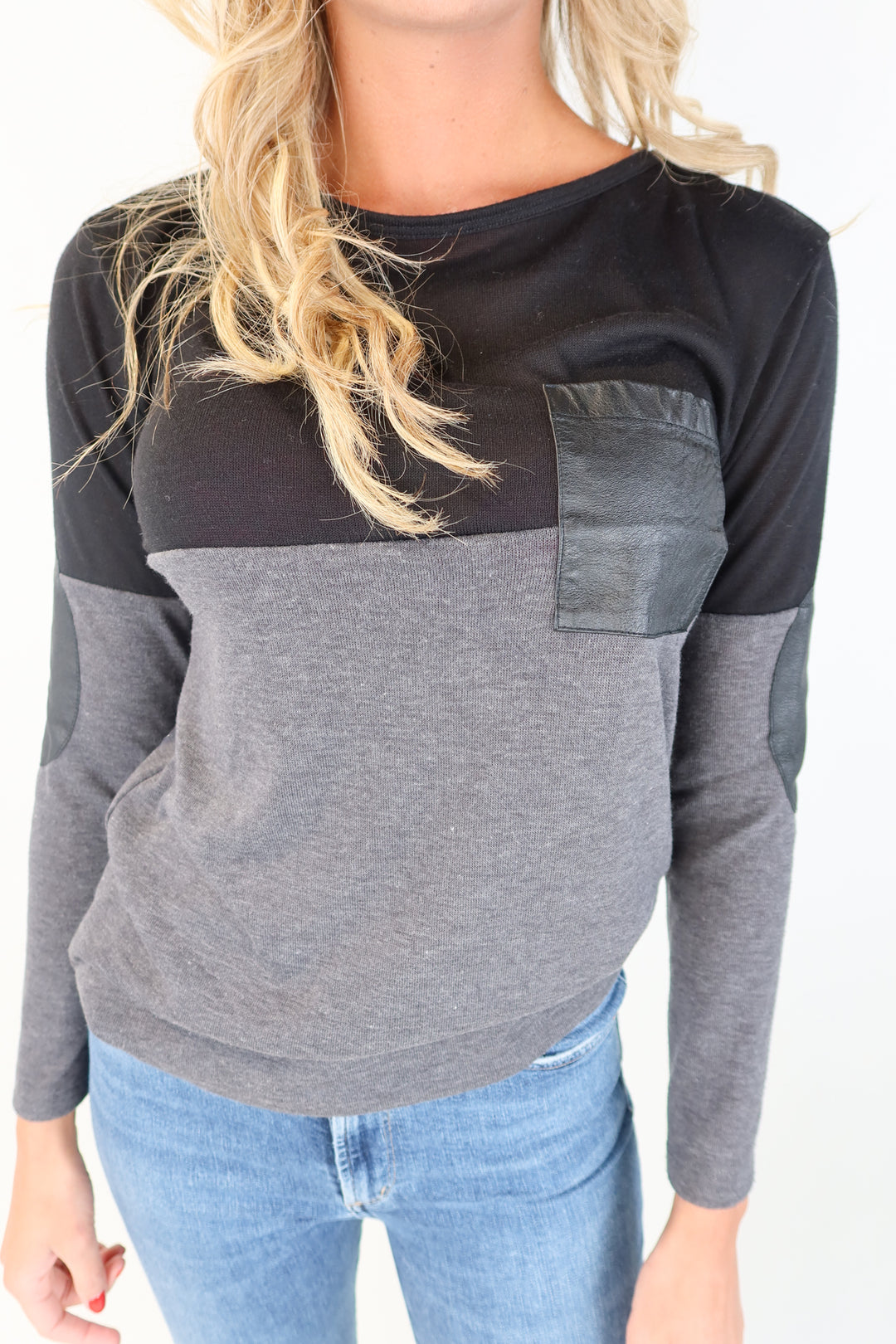 JET by John Eshaya Black/Grey Colorblock Leather Detail Top (S)