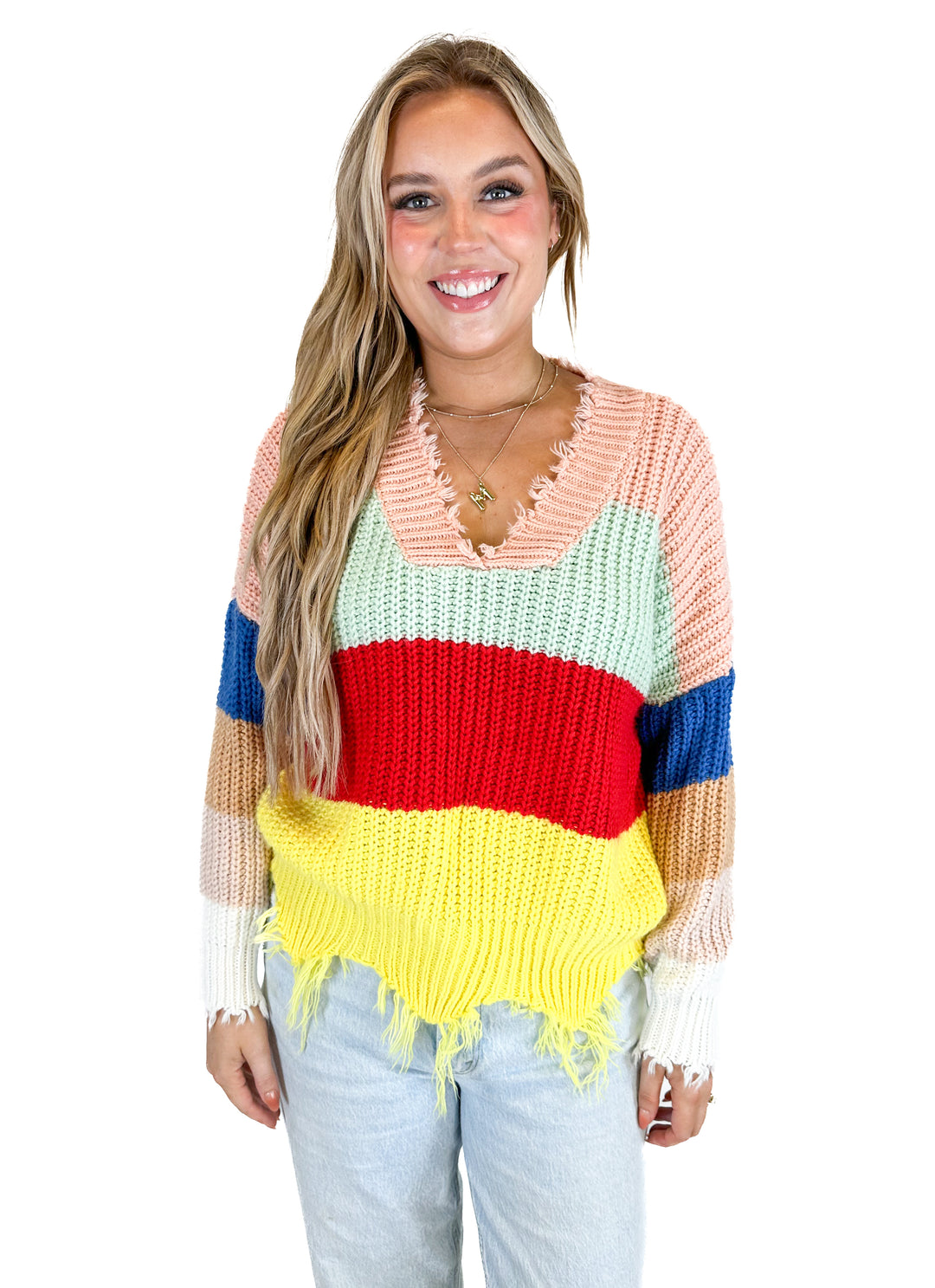 Main Strip Rainbow Stripe Knit Frayed Trim Sweater (M)