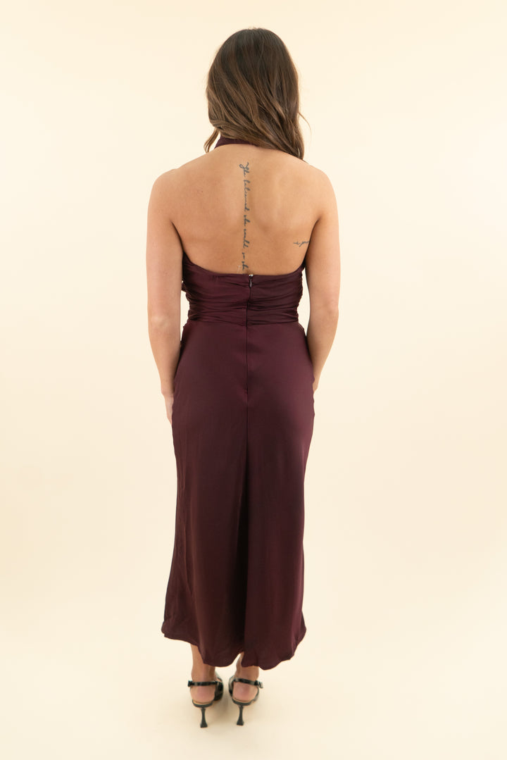 misha burgundy criss cross halter neck maxi dress (2)