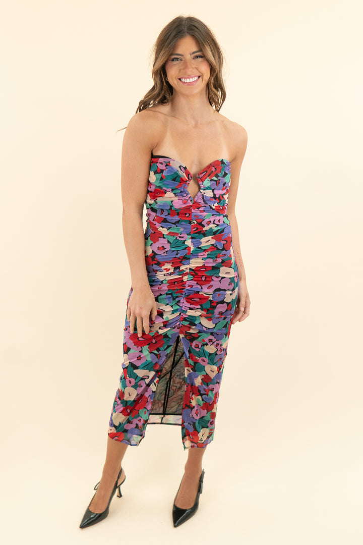 nicholas black floral strapless mesh bodycon midi dress (xs)