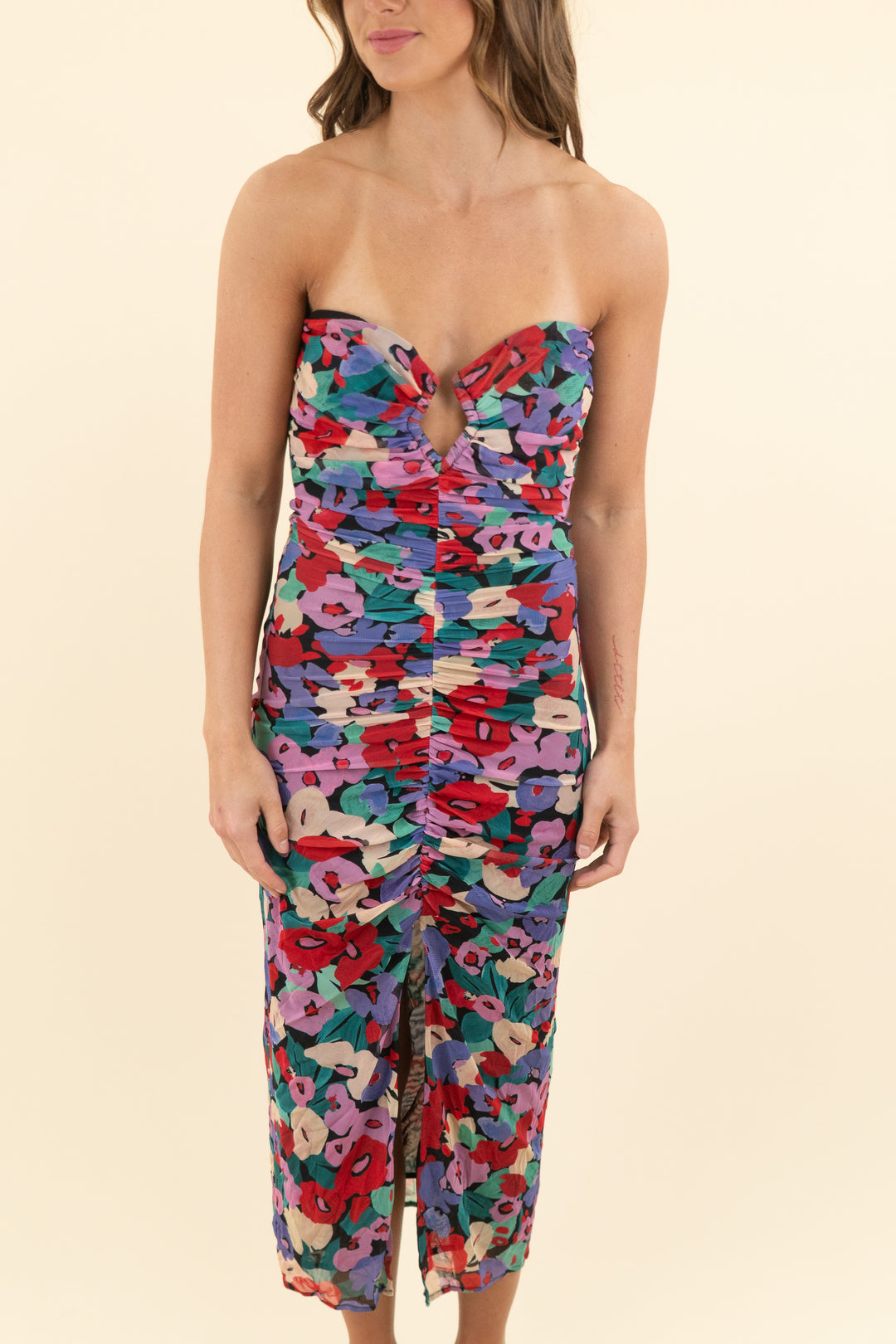 nicholas black floral strapless mesh bodycon midi dress (xs)