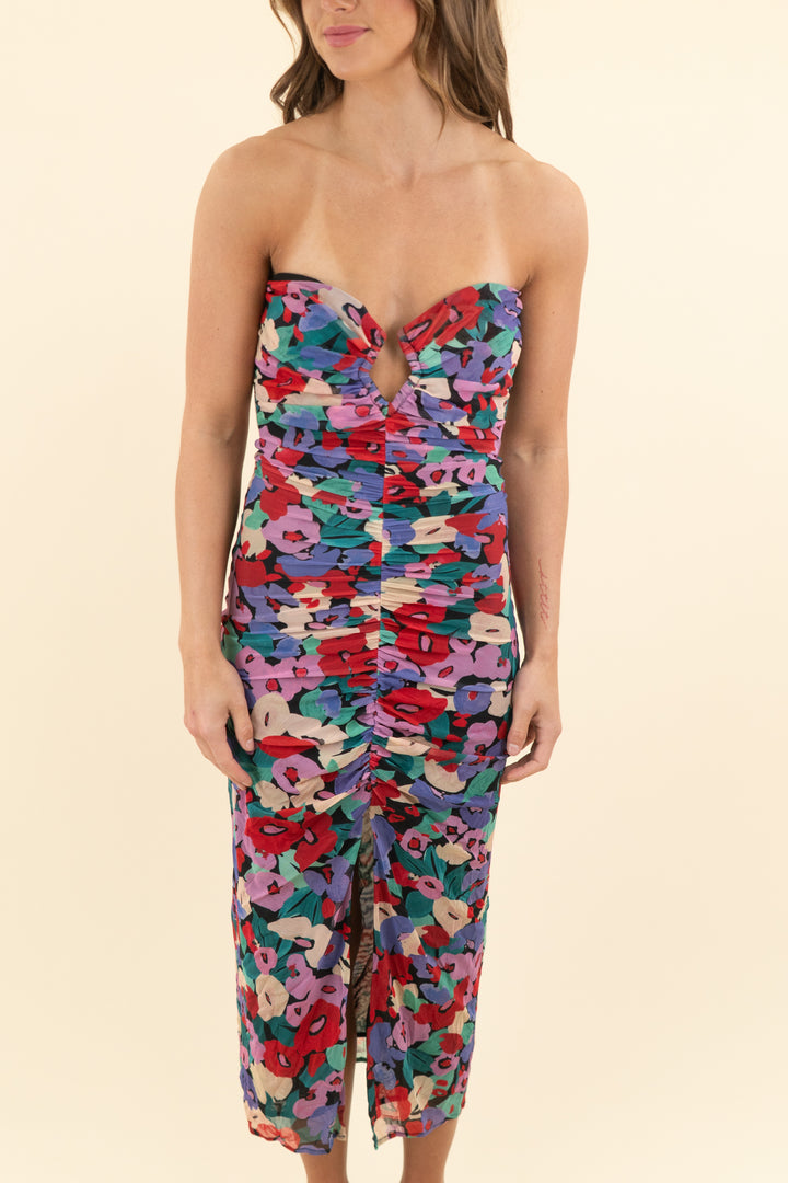 nicholas black floral strapless mesh bodycon midi dress (xs)