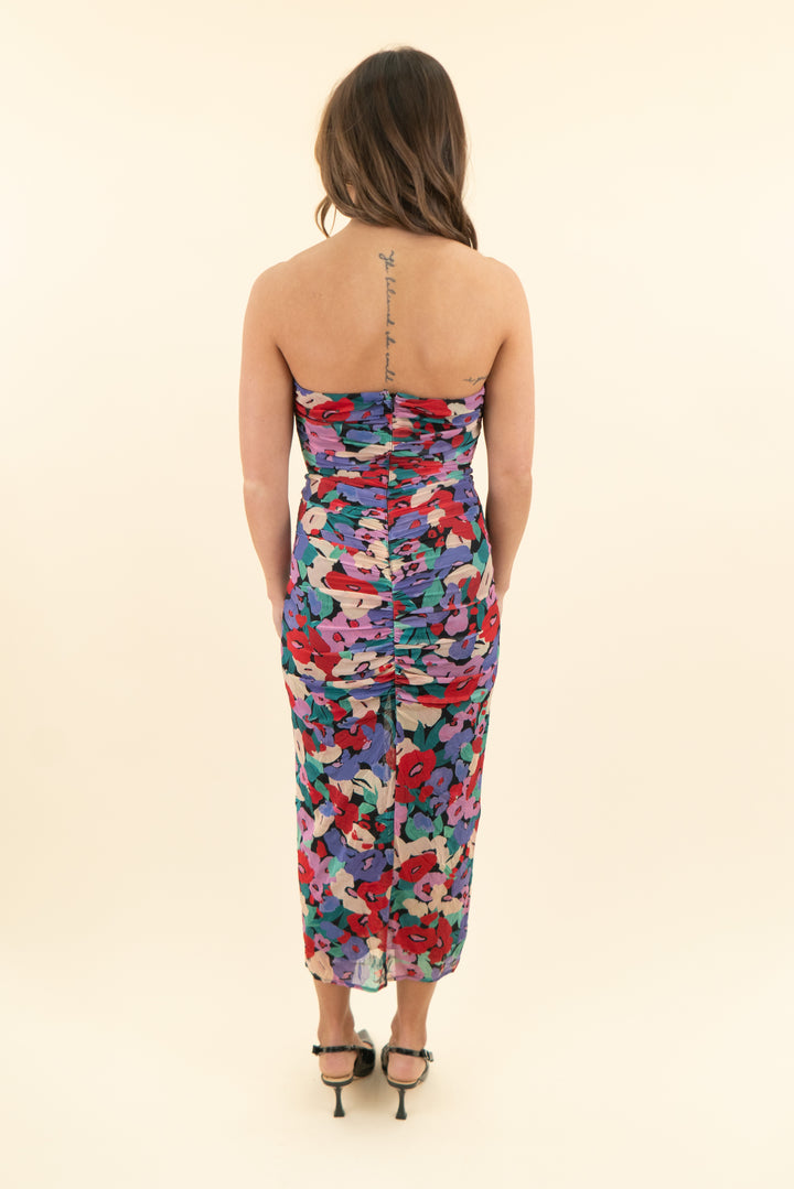 nicholas black floral strapless mesh bodycon midi dress (xs)