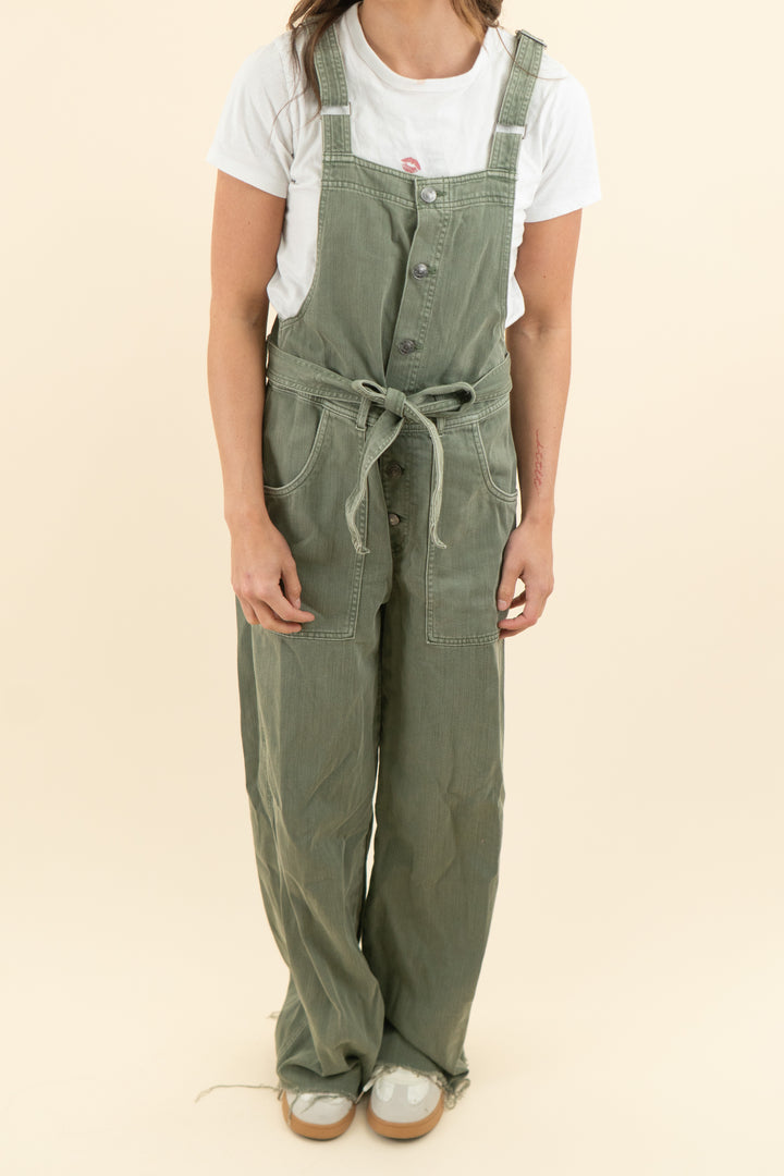 aerie olive green denim overalls (s)