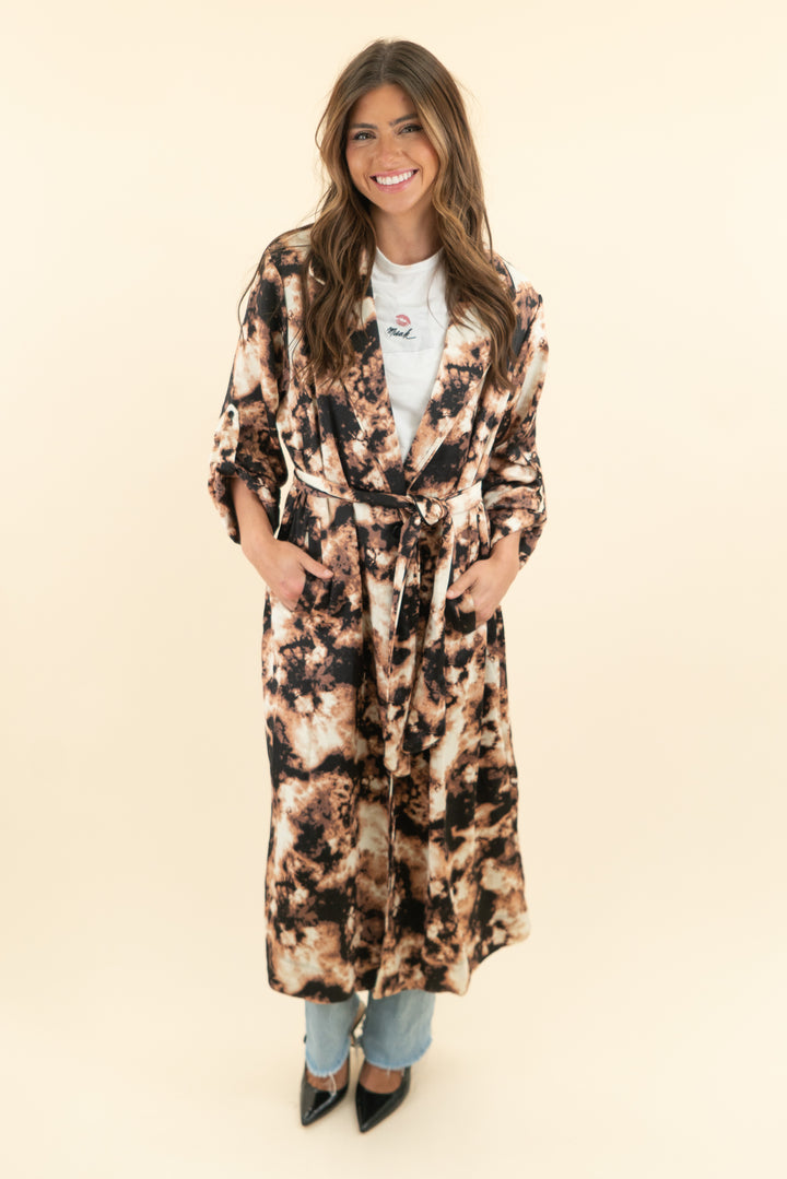 AUCTION afrm brown and black tie dye satin long duster coat (m)