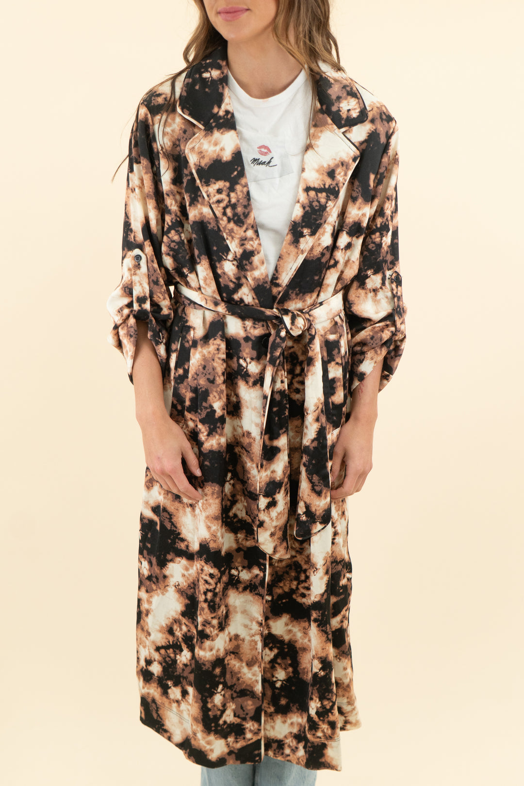 AUCTION afrm brown and black tie dye satin long duster coat (m)