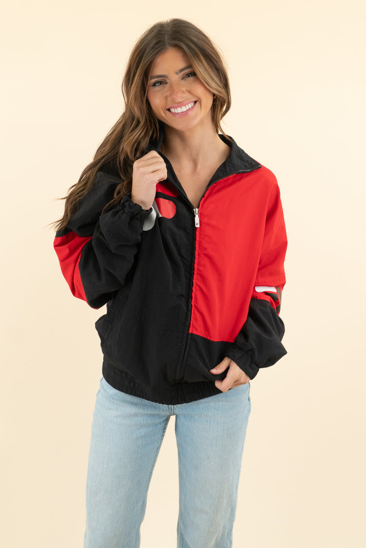 fila x urban outfitters black/red bomber jacket (s; retail $75)