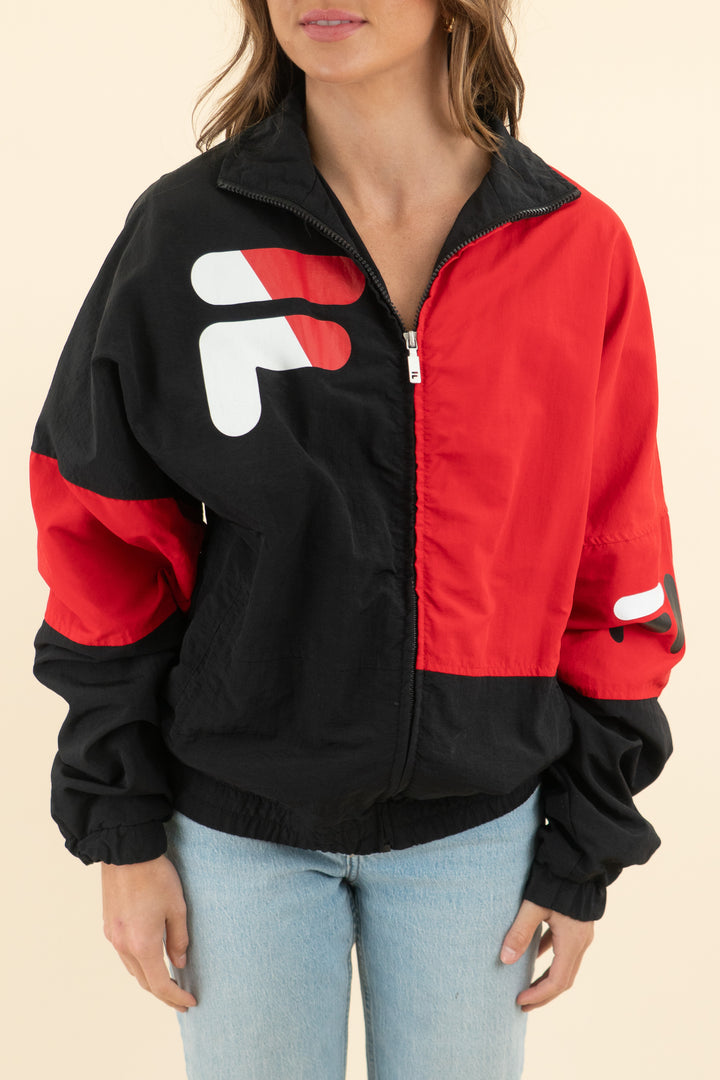 fila x urban outfitters black/red bomber jacket (s; retail $75)