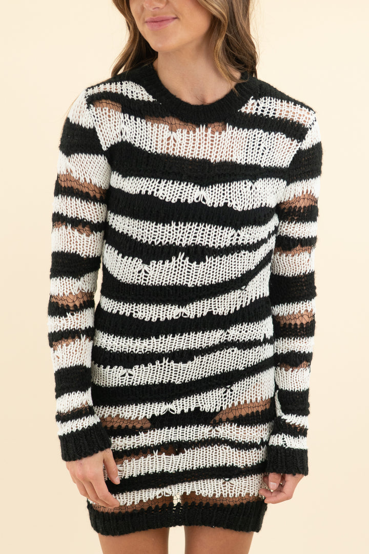 rta black/white stripe knit long sleeve dress (xs)
