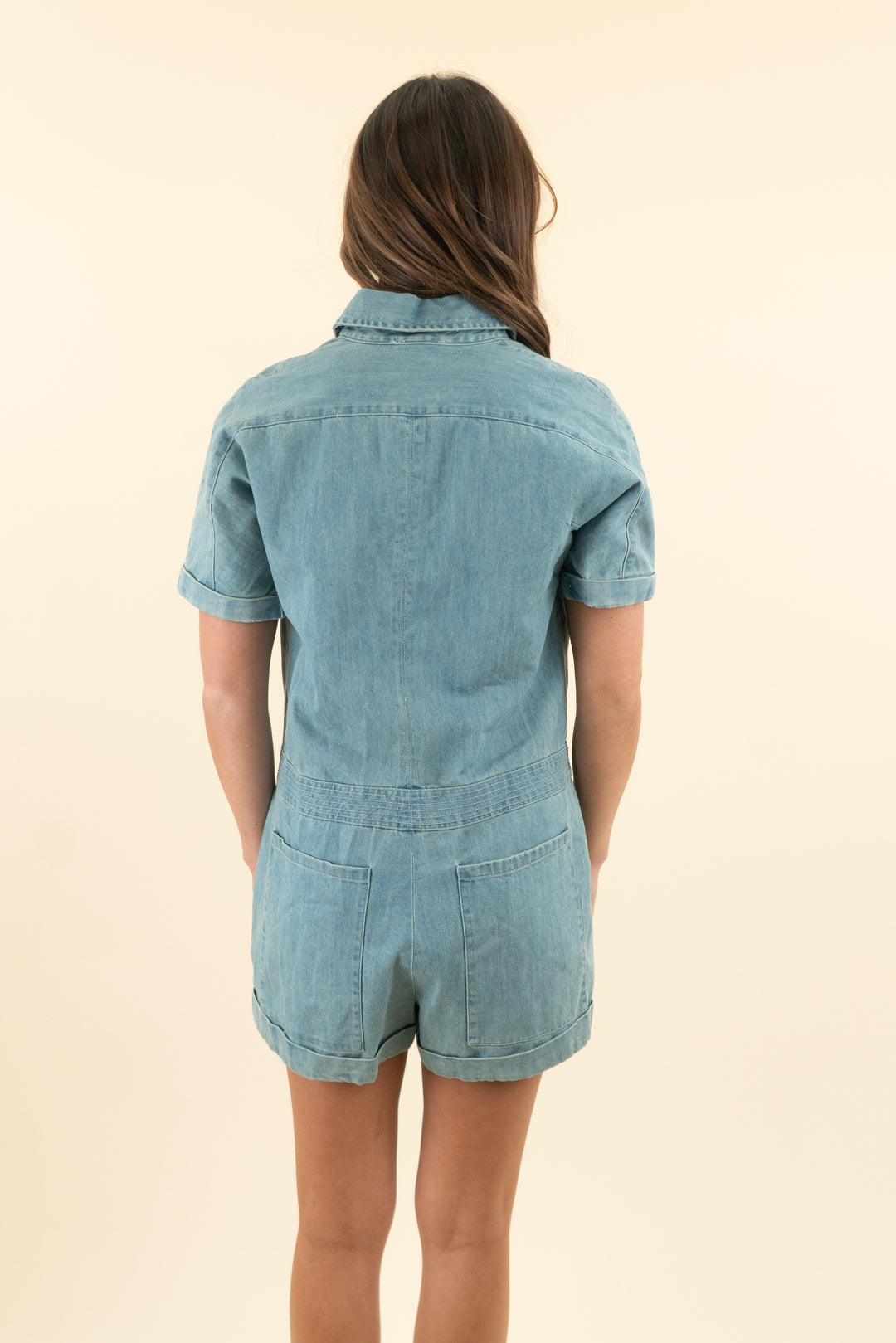 greylin light wash denim short sleeve romper (xs; retail $125)