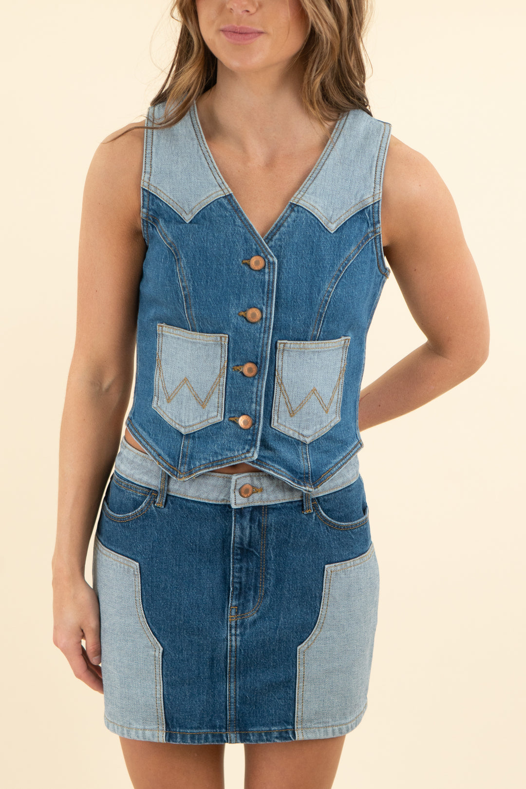 wrangler medium and light wash denim vest nwt (xs; retail $70)