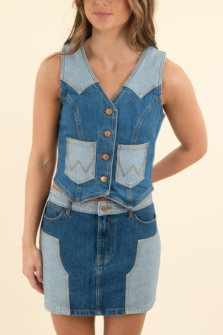 wrangler medium and light wash denim vest nwt (xs; retail $70)