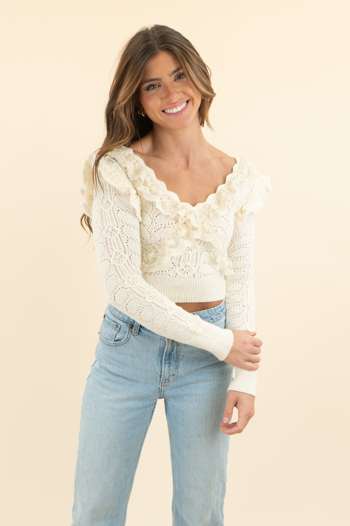 fengnibuke cream lace crochet cropped long sleeve top (s)