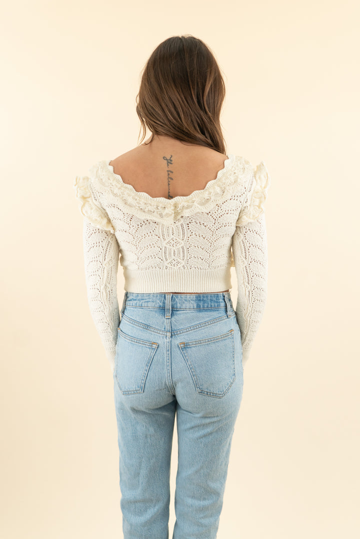 fengnibuke cream lace crochet cropped long sleeve top (s)