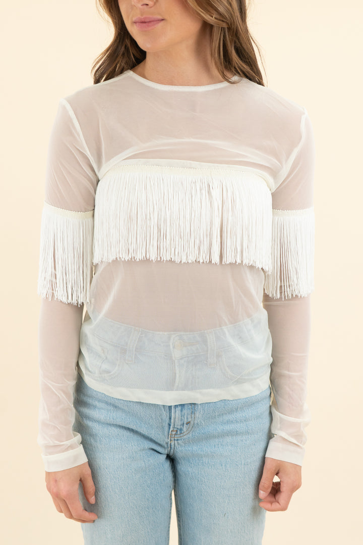 cream mesh long sleeve fringe top (s)