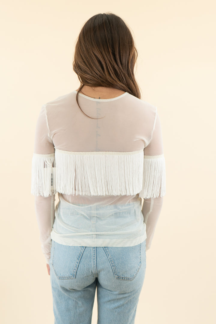 cream mesh long sleeve fringe top (s)