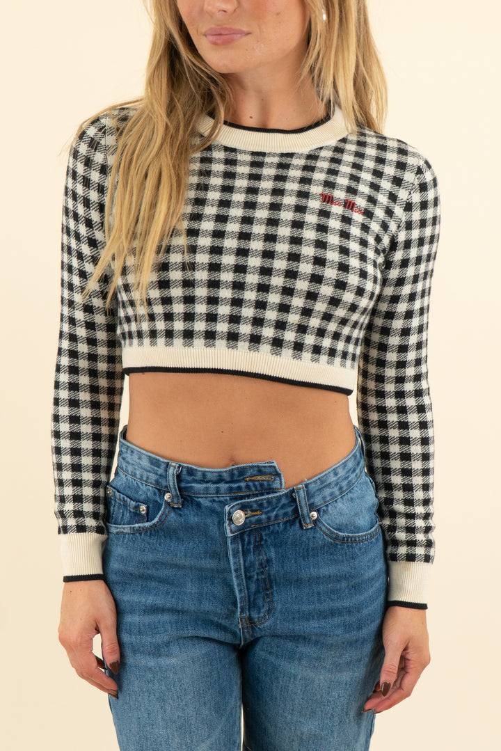 miu miu black cream gingham long sleeve crop knit top (38; retail $1350)