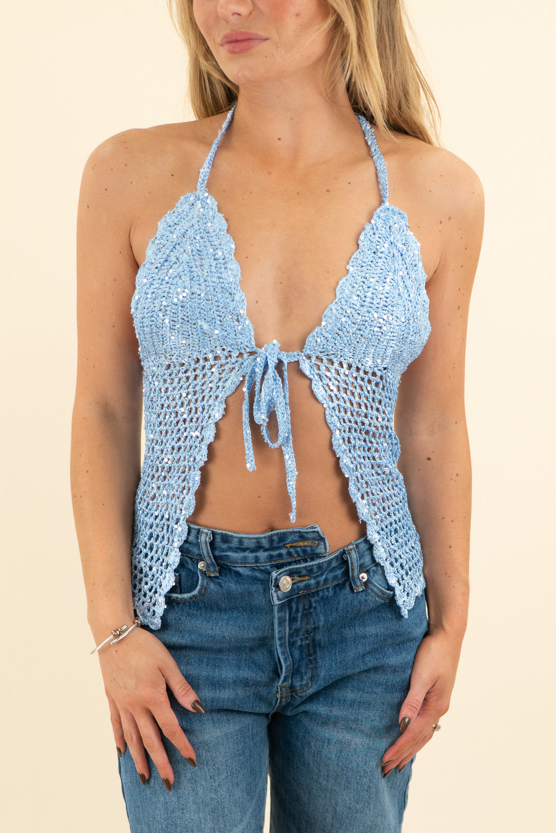 lovers and friends blue shimmer silver sequin crochet tie tank (s)