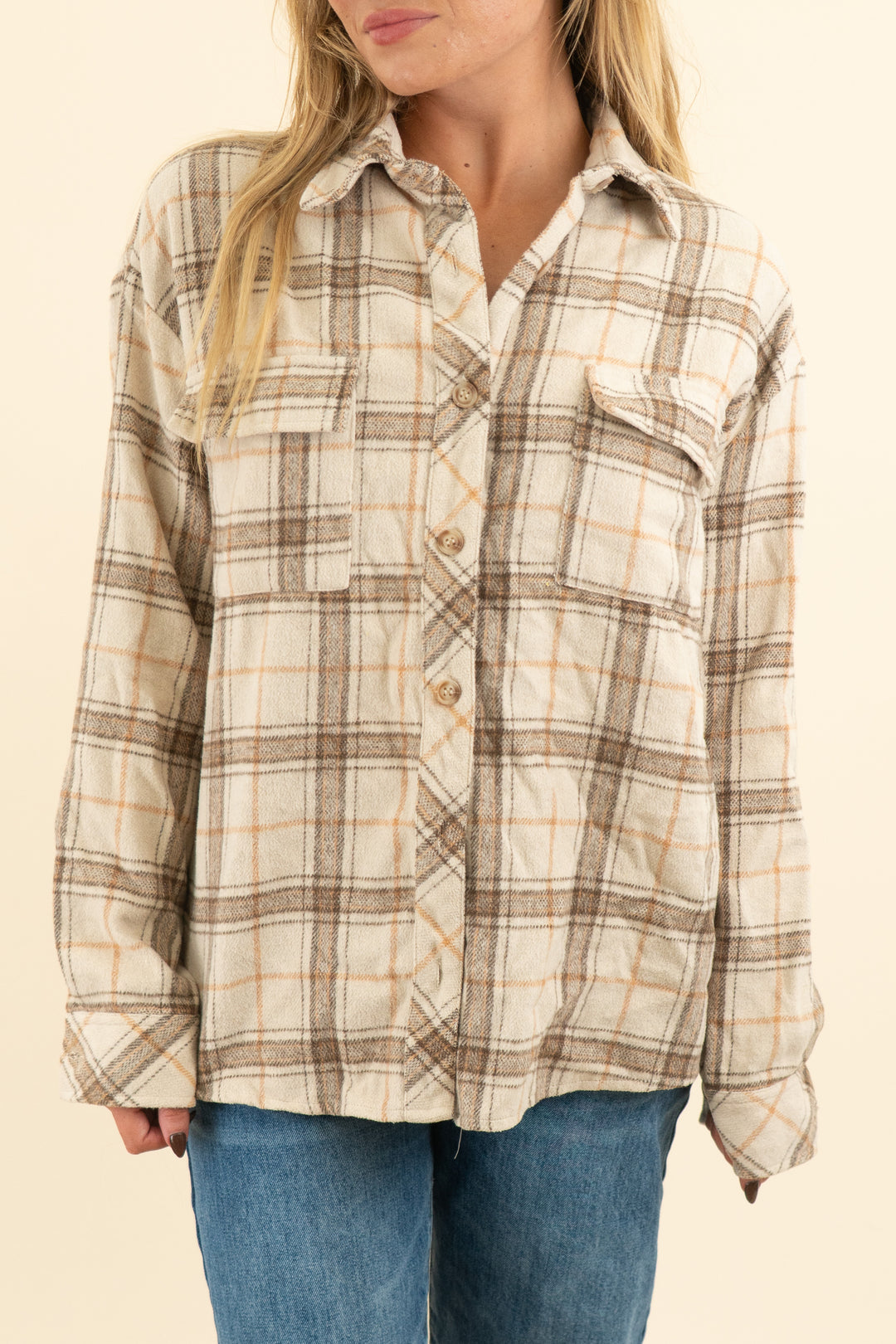 kittenish tan plaid flannel jacket (s)