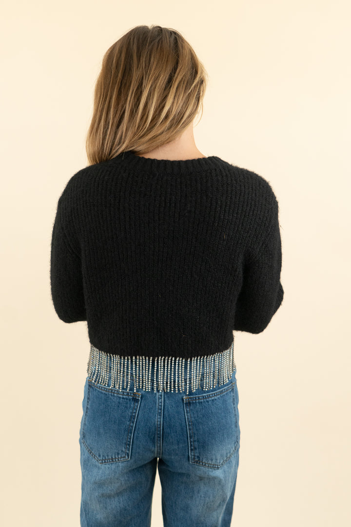 astr black cropped sweater with rhinestone fringe (s)
