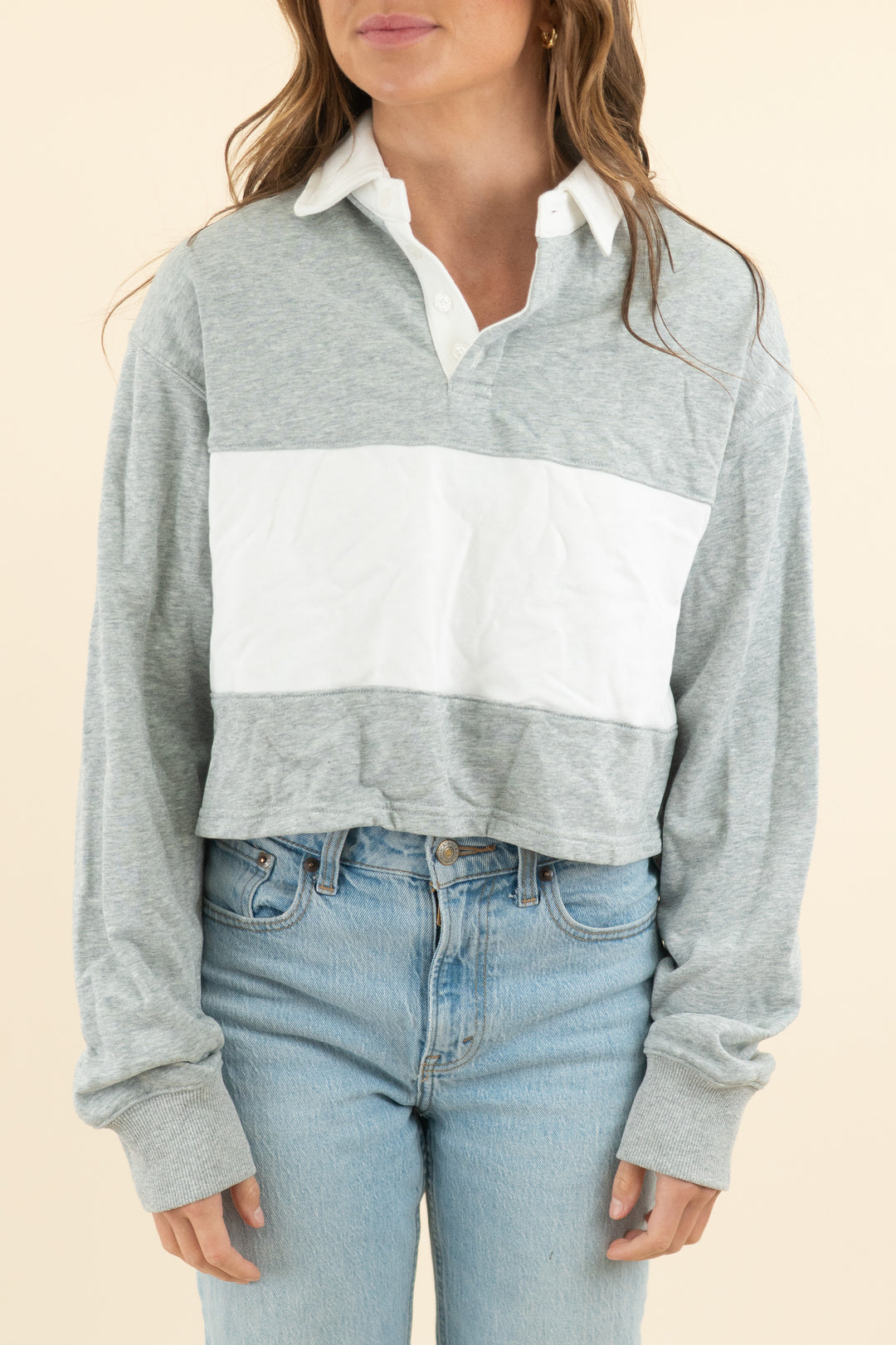 all the ways grey white stripe long sleeve cropped collared shirt (xs)