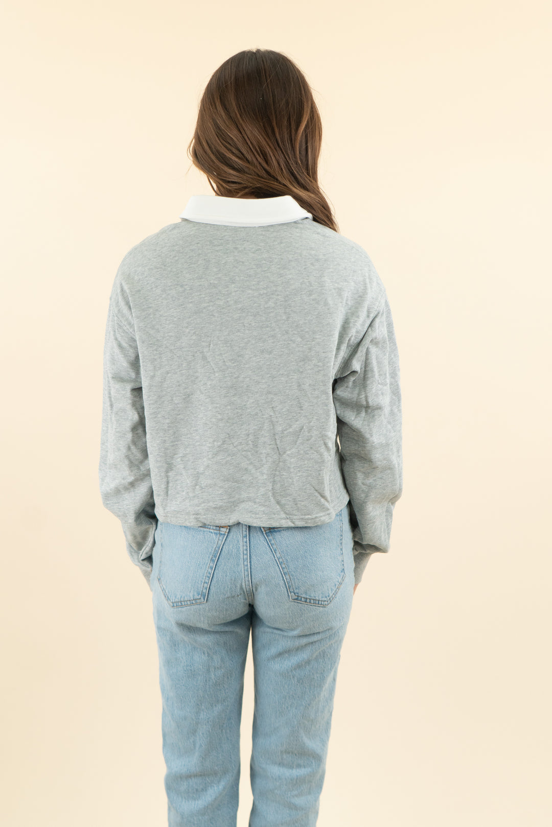 all the ways grey white stripe long sleeve cropped collared shirt (xs)