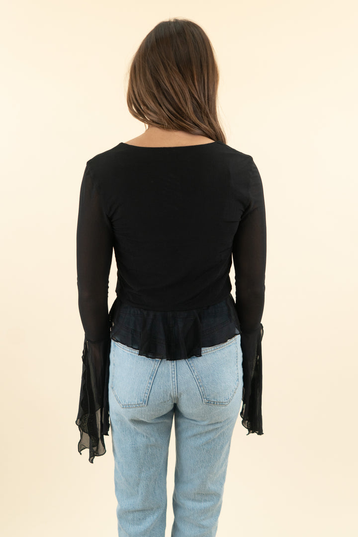 majorelle black mesh rose applique long sleeve ruffle top (s)