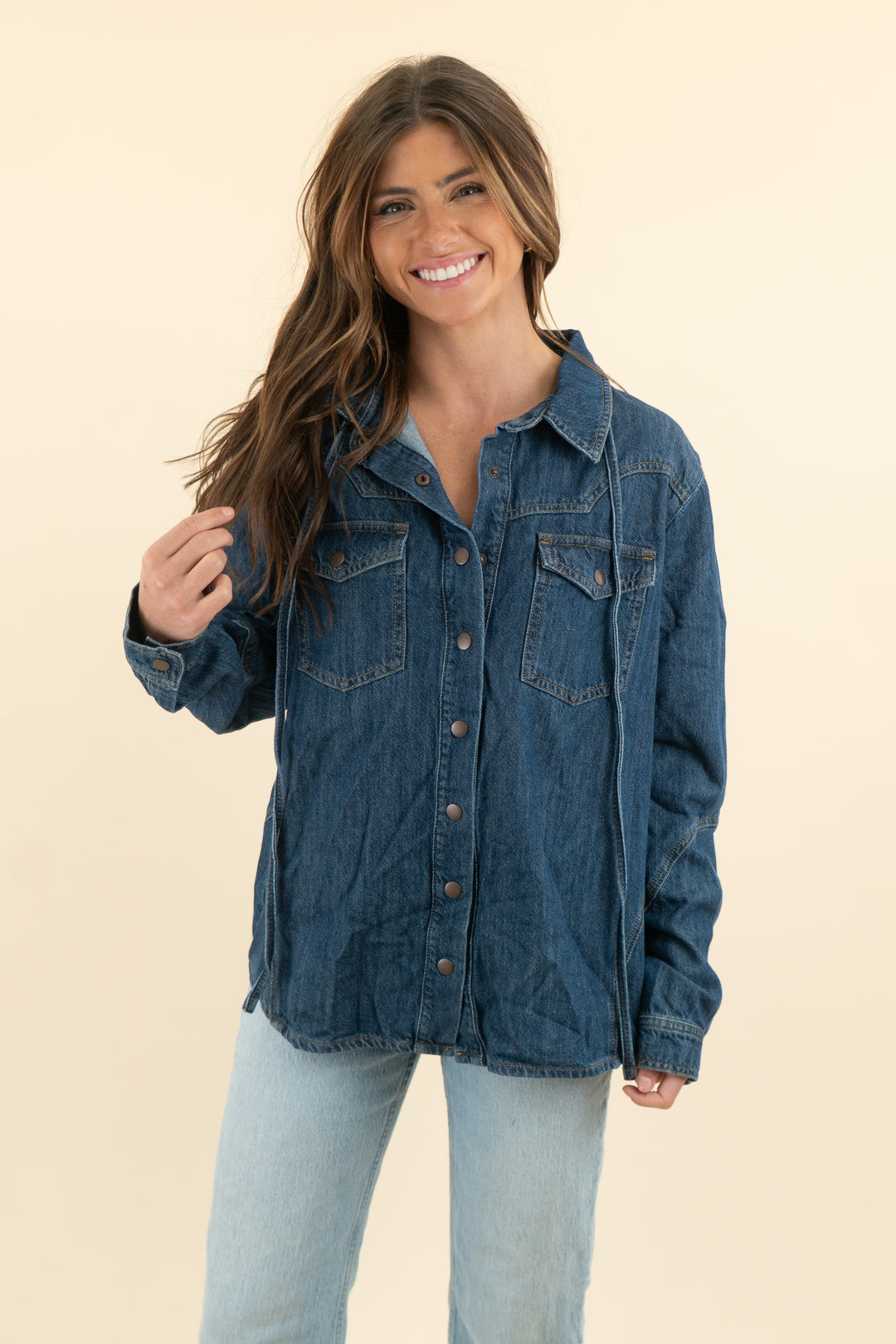 seventy + mochi dark wash denim button up shirt (m)