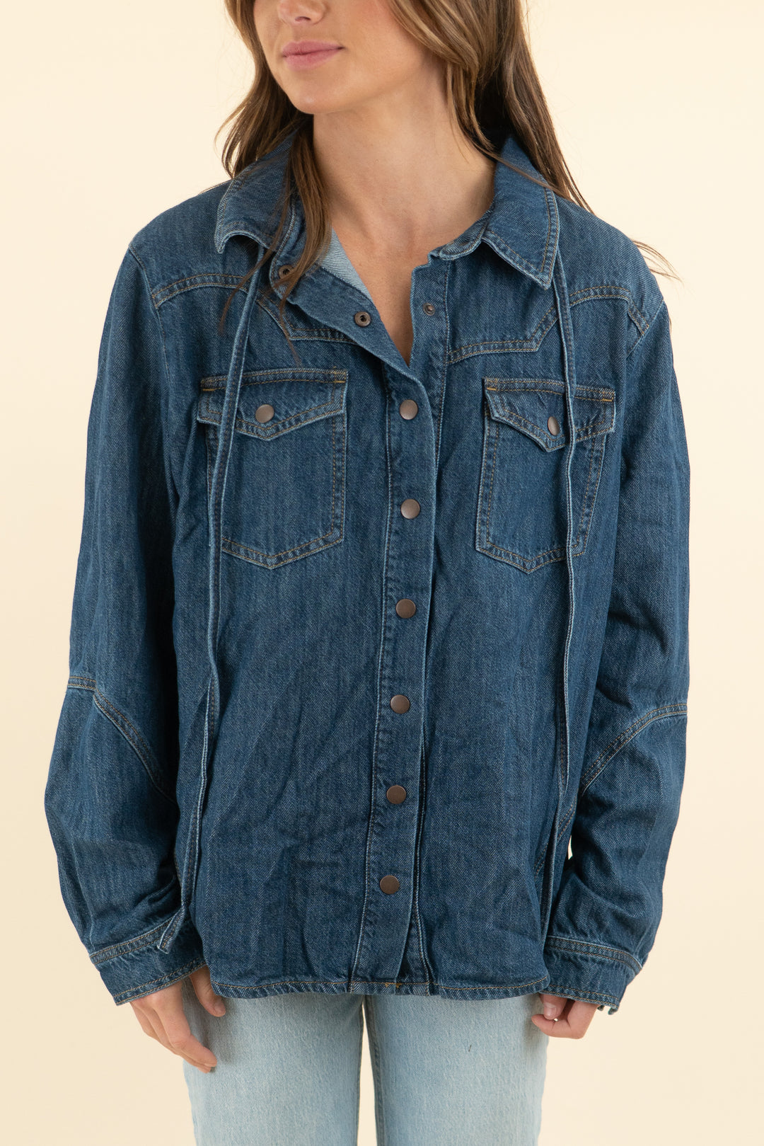 seventy + mochi dark wash denim button up shirt (m)