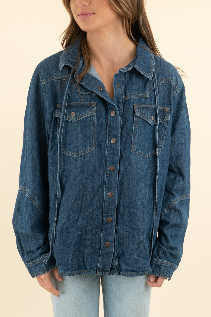 seventy + mochi dark wash denim button up shirt (m)