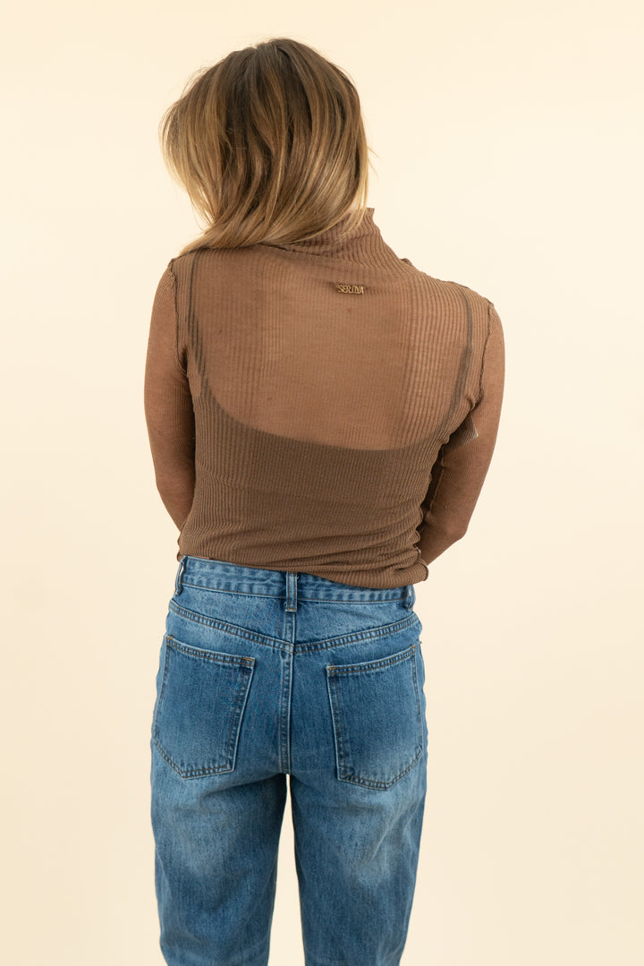 ser.o.ya brown ribbed mesh long sleeve turtleneck top (s)