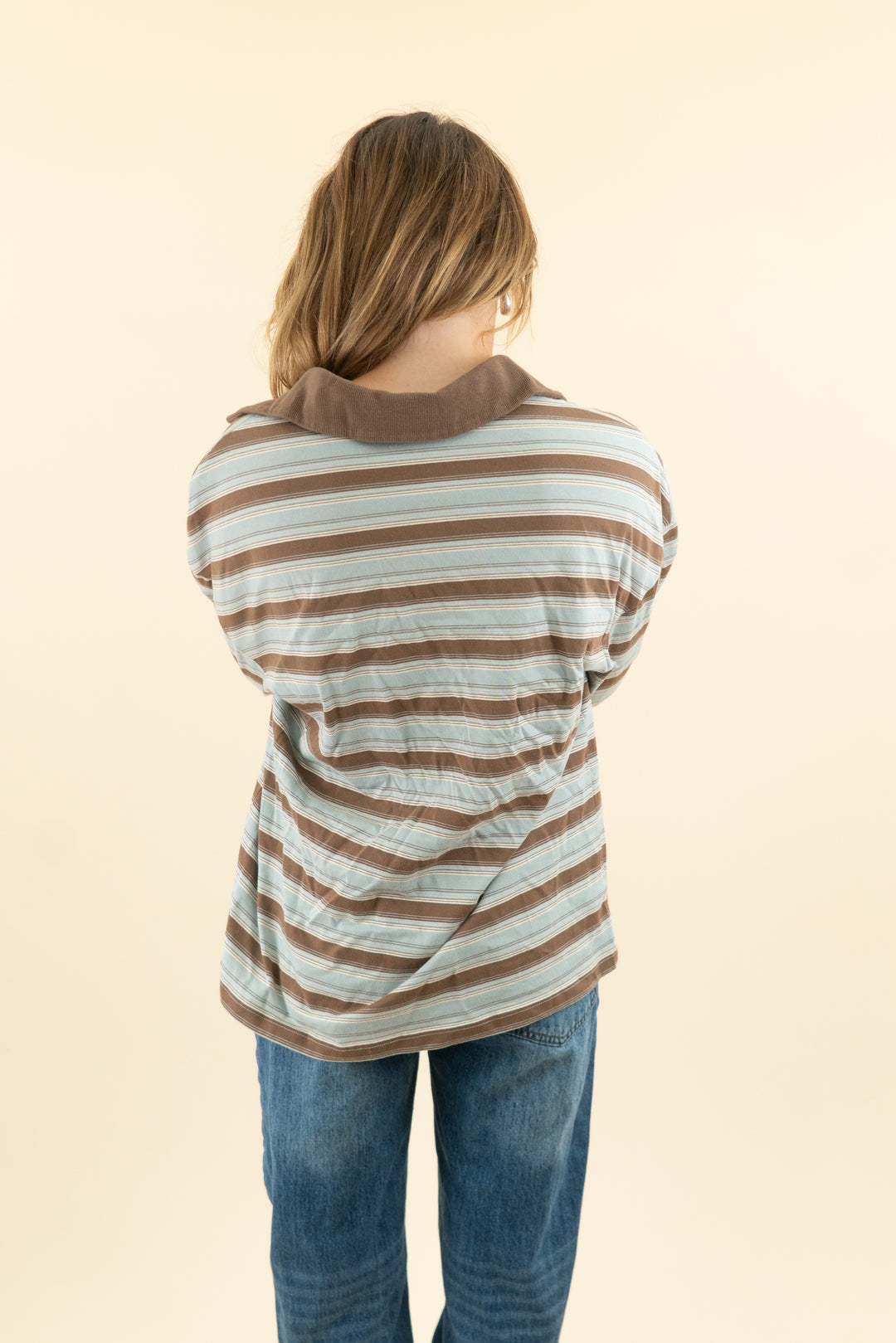 lovers and friends brown blue striped long sleeve collared shirt (s)
