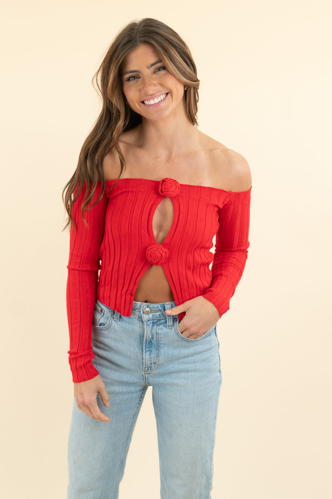 lovers and friends red knit rose applique long sleeve top (s)