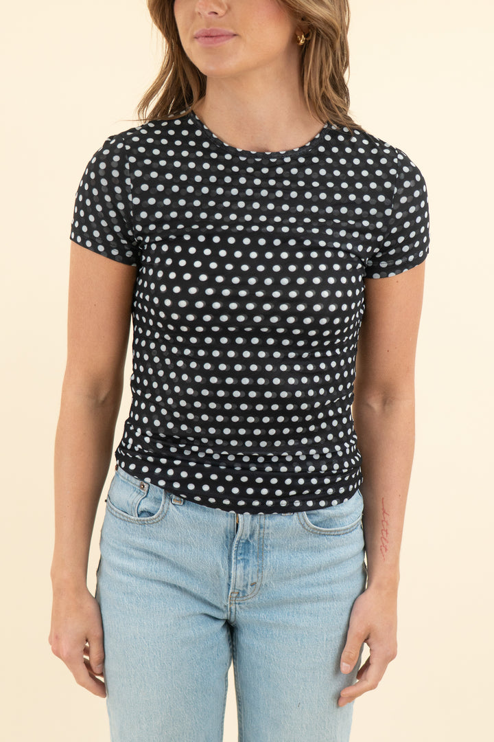 superdown black white polka dot mesh tee (s)