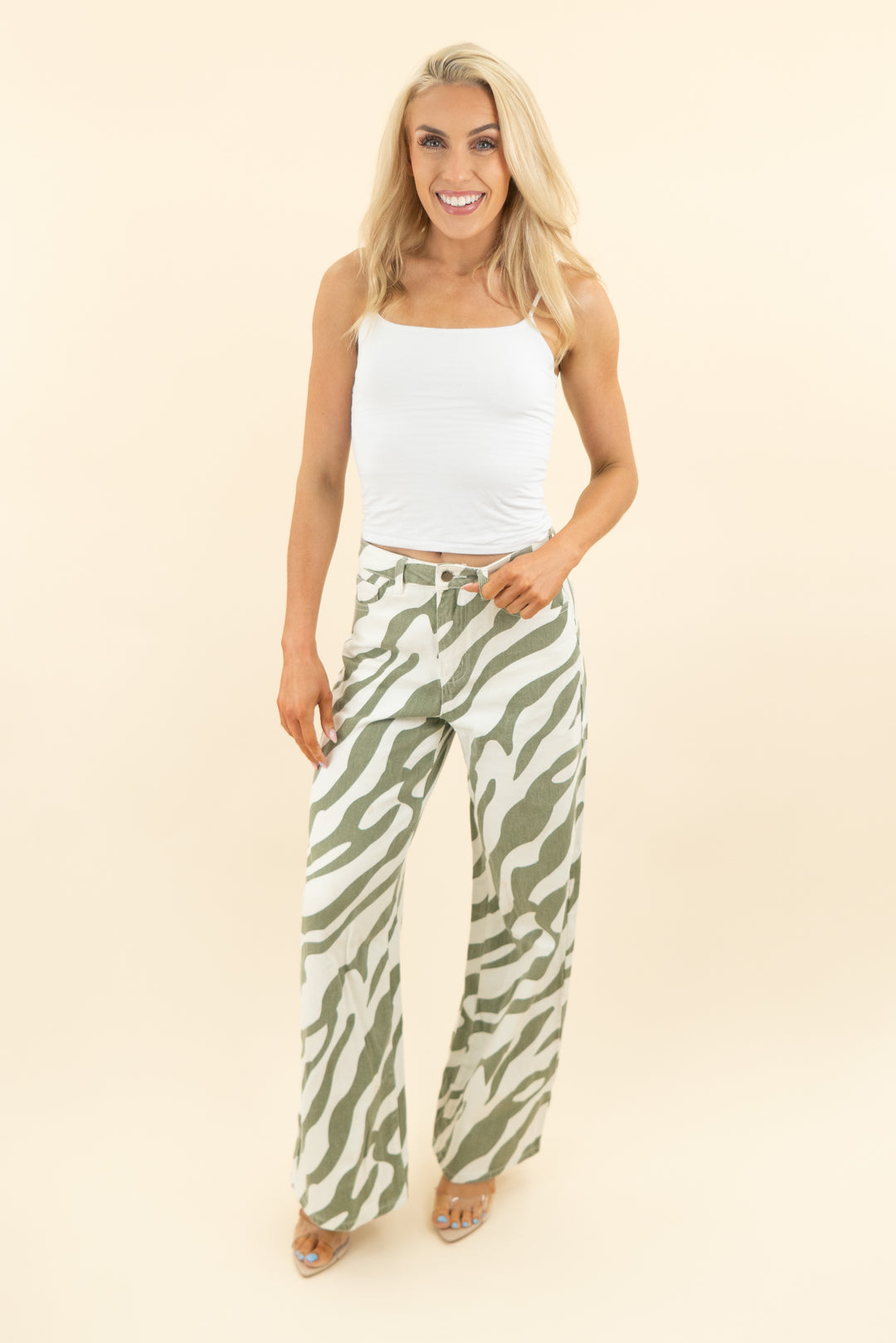 sage green white zebra wide leg pants (s)