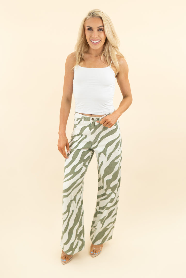 sage green white zebra wide leg pants (s)