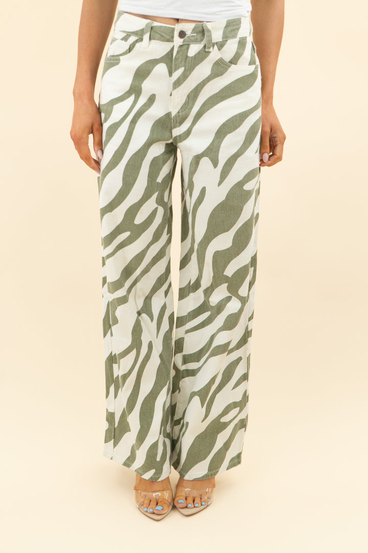 sage green white zebra wide leg pants (s)