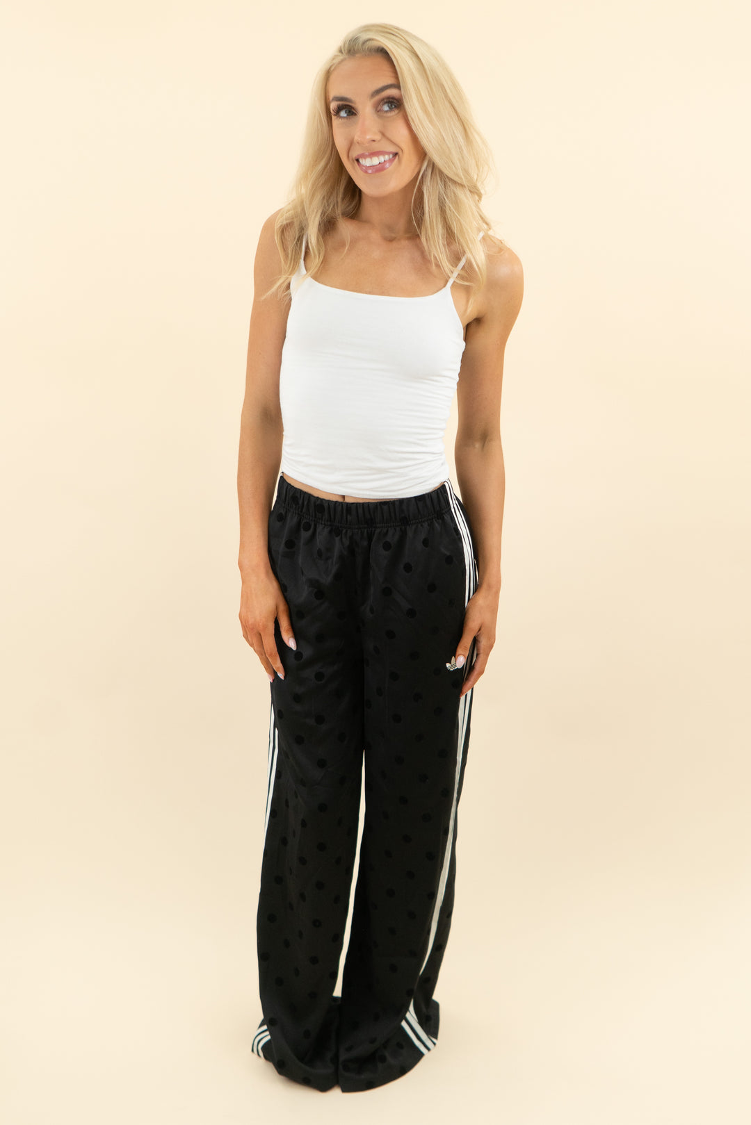 adidas black polka dot track pants nwt (s; retail $85)