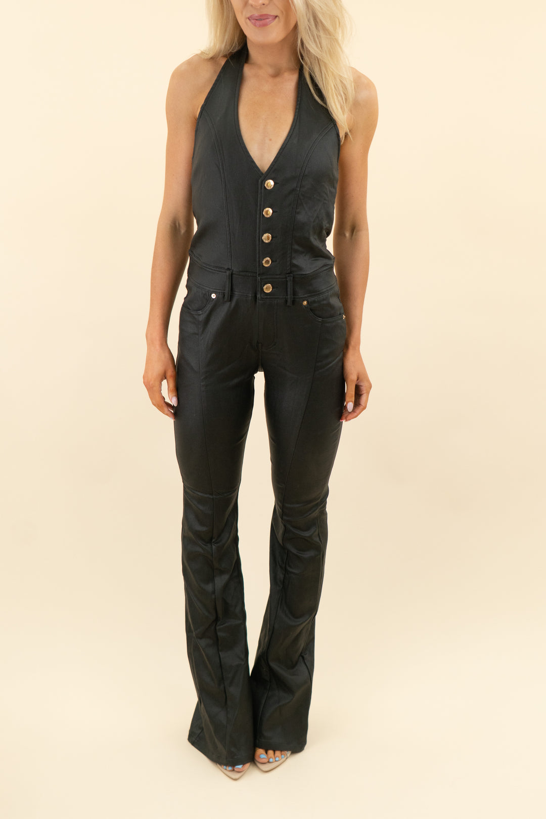 retrofete black leather halter jumpsuit (s)