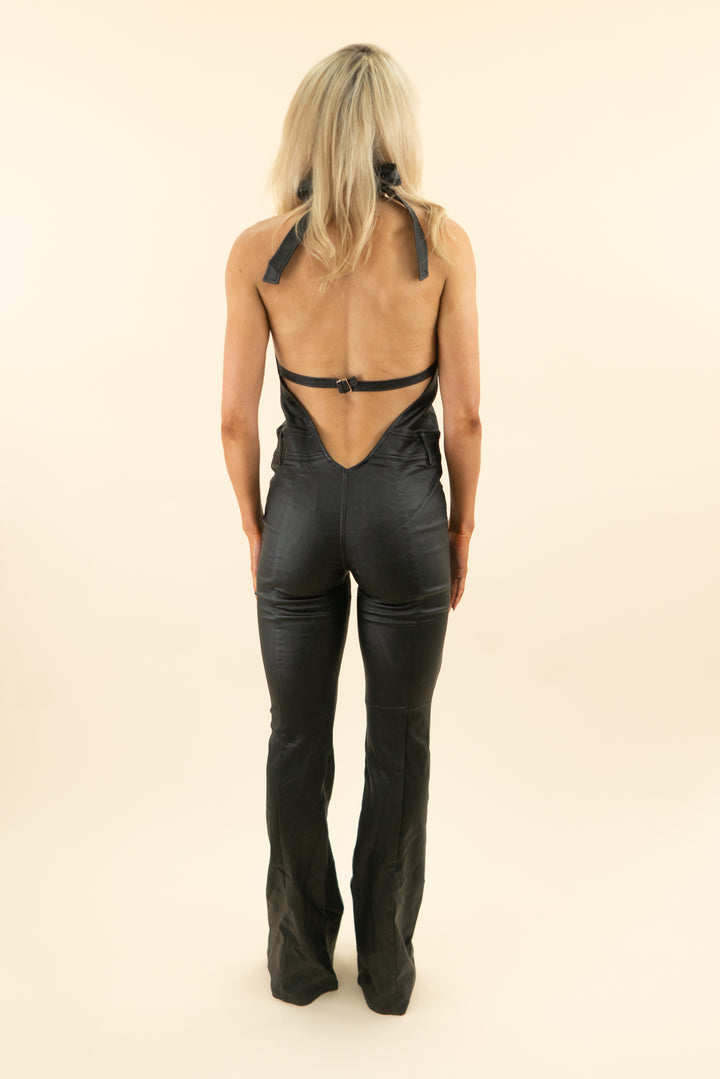retrofete black leather halter jumpsuit (s)