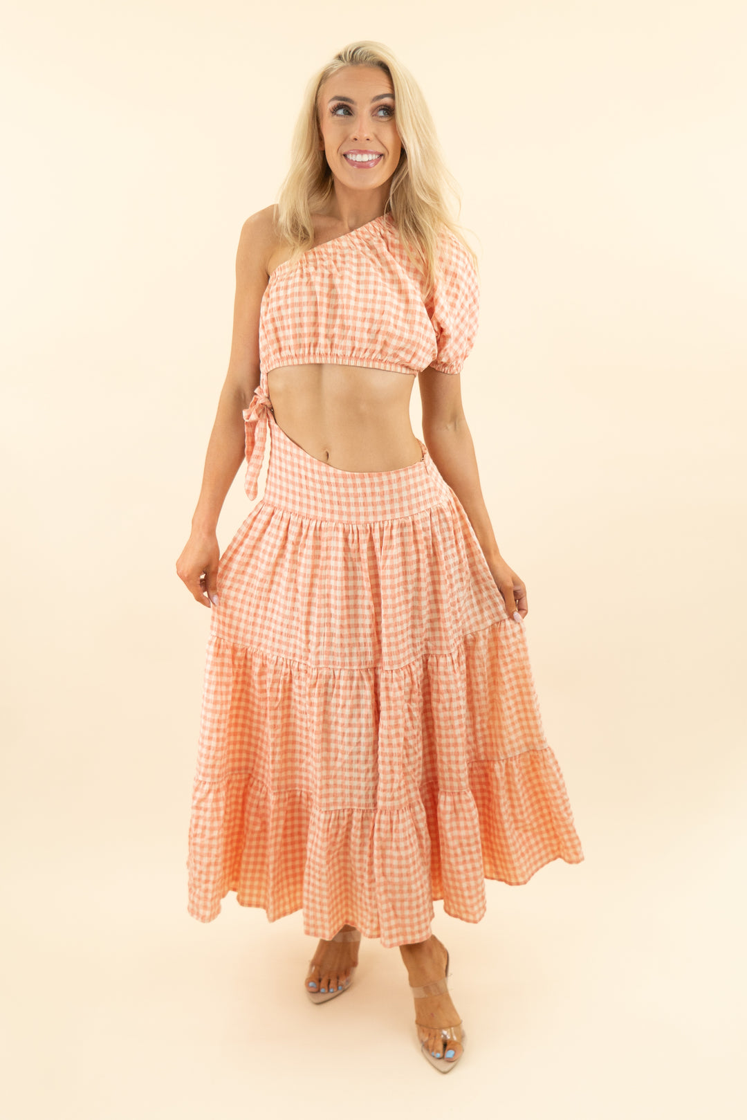 majorelle coral cream gingham one shoulder mid cut out midi dress (s)