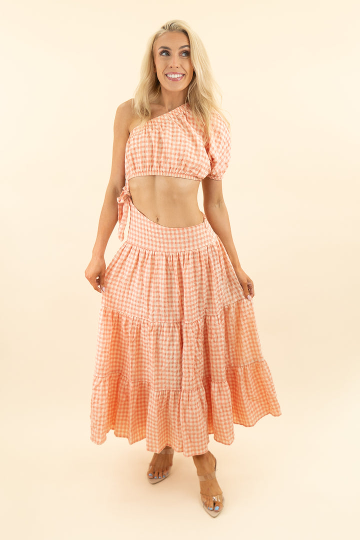 majorelle coral cream gingham one shoulder mid cut out midi dress (s)
