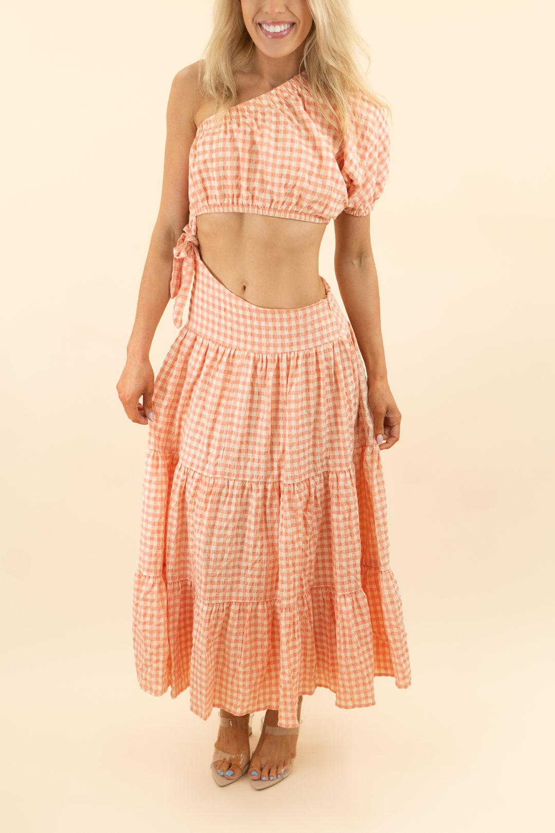 majorelle coral cream gingham one shoulder mid cut out midi dress (s)